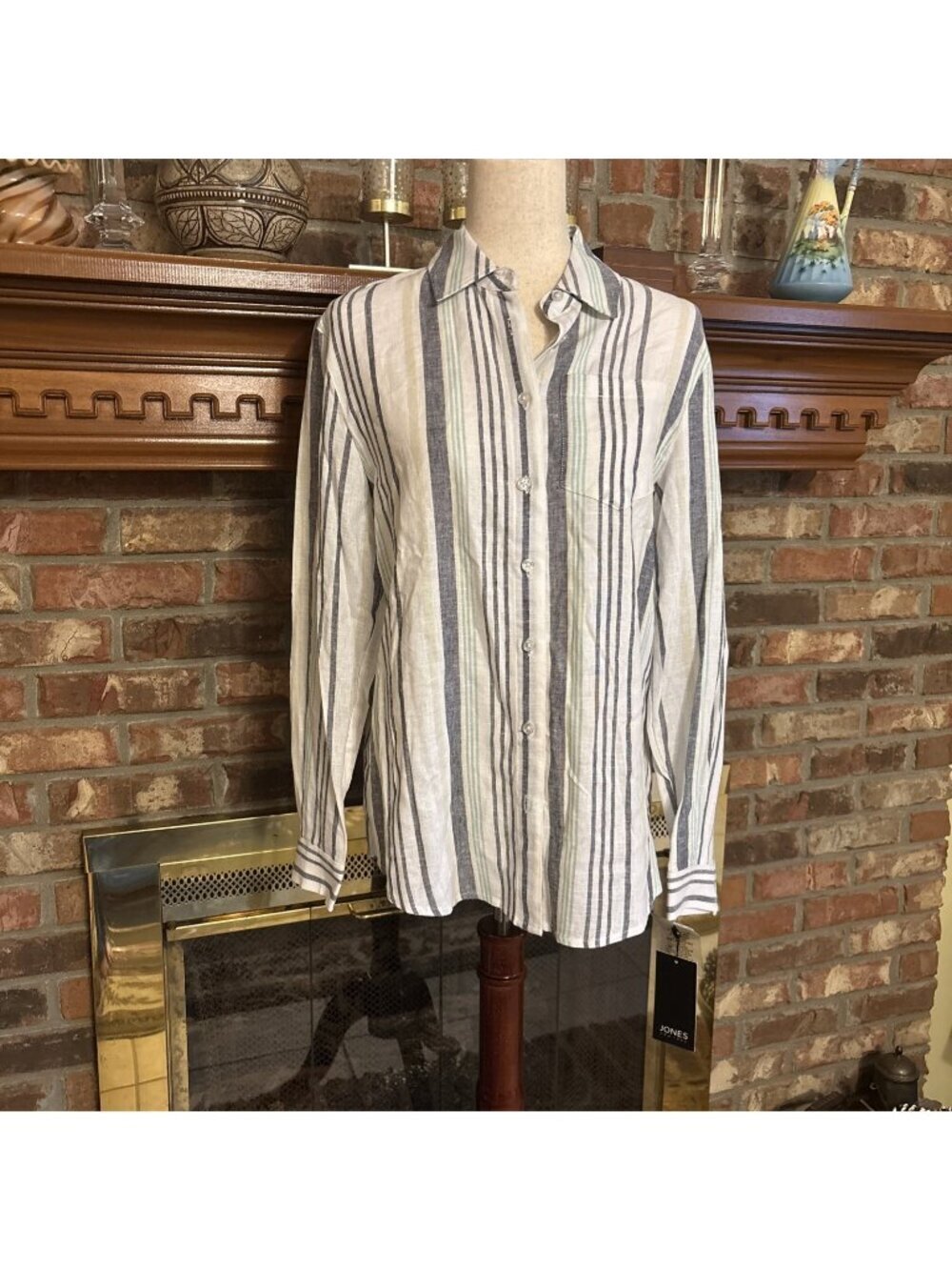 Jones New York Striped Long-Sleeve Linen Blend Size XS NWT Relaxed Fit